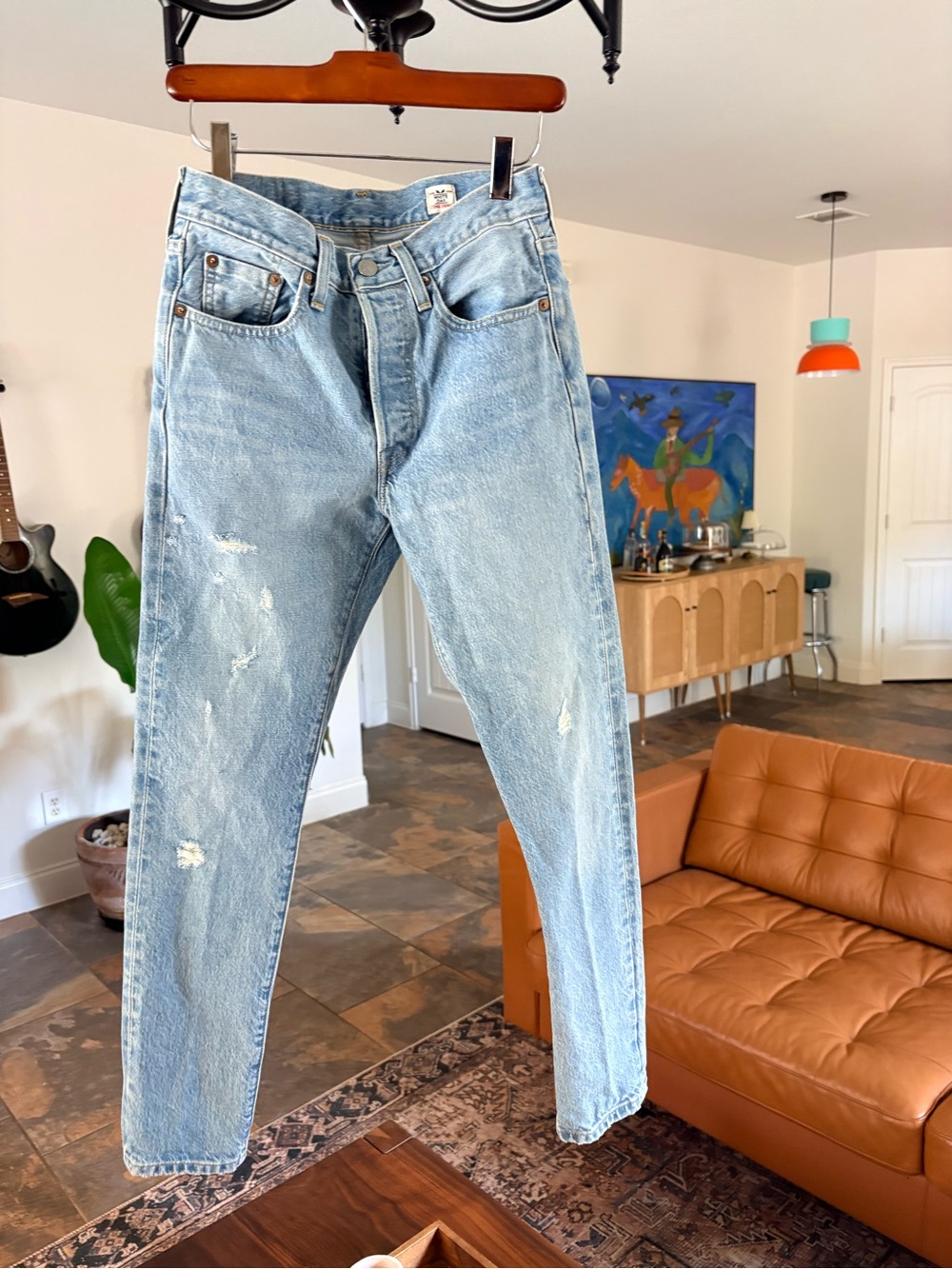 Levi's 501 S White Oak Cone Denim Distressed Skinny Jeans Size 26x27
